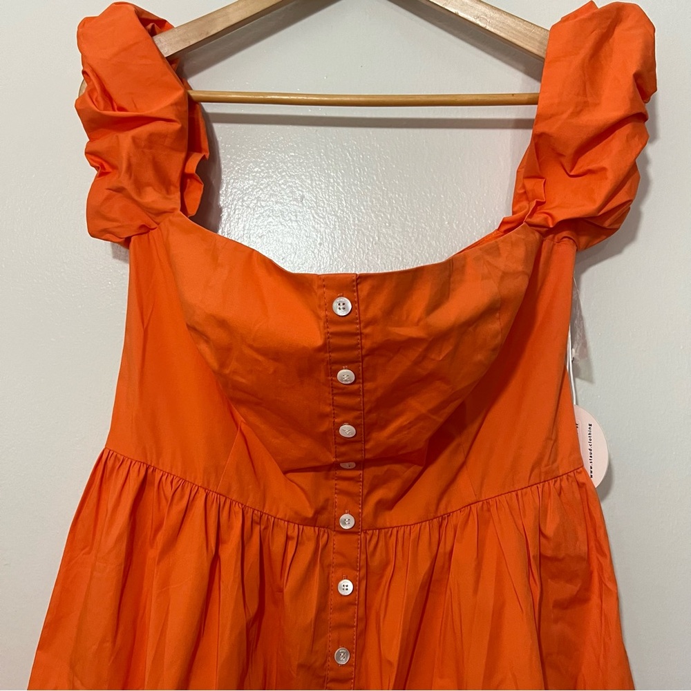 STAUD Elio Summer Mini Dress Off Shoulder Button Front Nectarine Orange Sz 12 - Picture 3 of 8